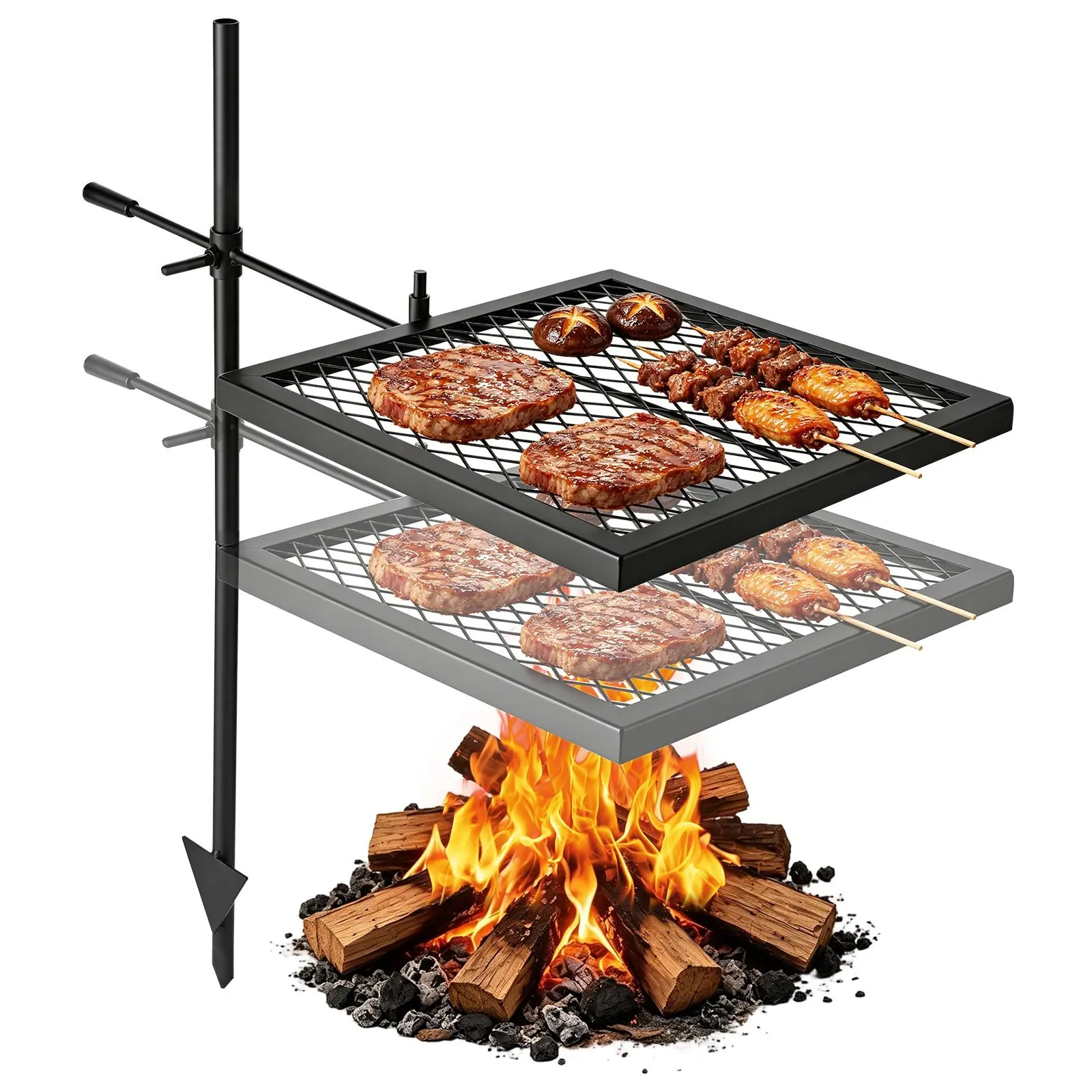 VEVOR Heavy Duty Swivel Campfire Grill, 16" Portable Camping Grill Grate, Sturdy Steel BBQ Mesh, 360 Height Adjustable Over Fire Pit Equipment with Carrying Bag, for Outdoor Open Flame Cooking, Black