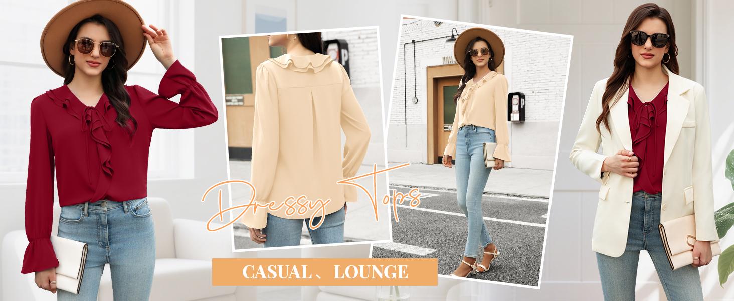 Women's Long Sleeve Chiffon Blouse with Ruffle Cuffs V Neck Tunic Top for Dressy Casual Wear Fall Trendy Work Shirts