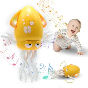 Electric Crawling with LED Lights and Music, Rechargeable Music Squid Baby Toy for 3-6 Year Olds, Tummy Time and Toddler Walking Toy, Birthday Gift, Yellow