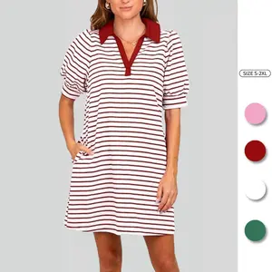 Imily Bela Women's Summer Lapel Collared V Neck Striped Dress Casual Puff Short Sleeve Polo Tshirt Dresses with Pockets