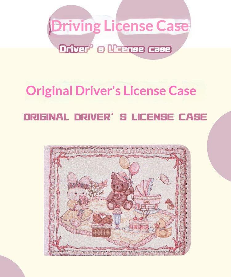 Cute Pink Bunny Bear Driver License Holder Cartoon Card Wallet Kawaii ID Card Case with Lace Design Car Document Organizer Credit Card Storage Cute Car Accessories Gift for Girls