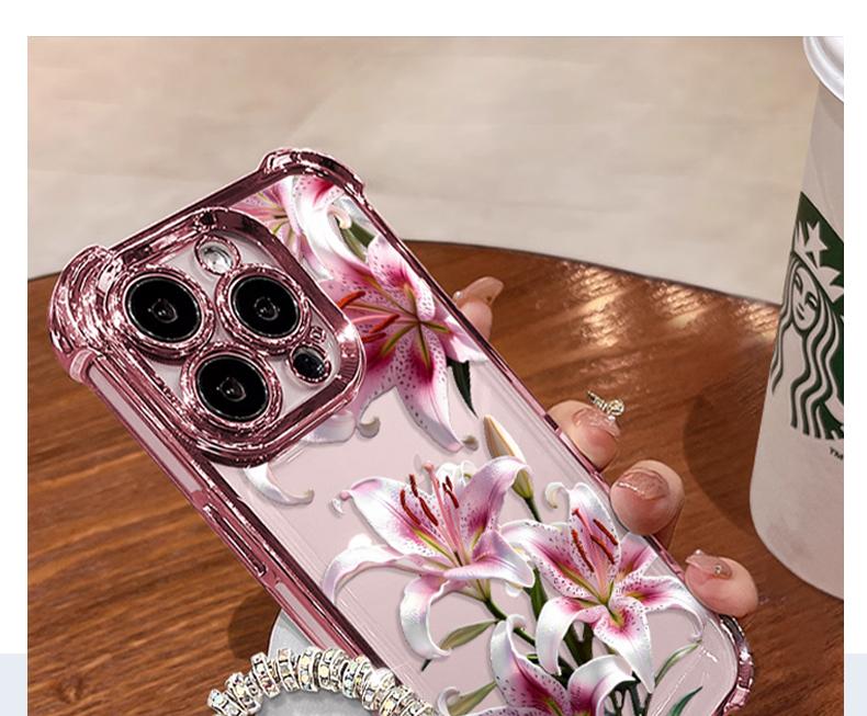 Phone case with pink lily design, compatible with iPhone 11/12/13/14/15/16/17 Pro Max, 14/15/16 Plus, X, & XS Max models, featuring a built-in chrome pink frame and drop protection.