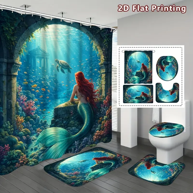 Mermaid Underwater World Shower Curtain Set, 4-piece set, bathroom decoration, U-shaped toilet cover with 12 hooks, fascinating mermaids and marine life, marine lovers, home decoration