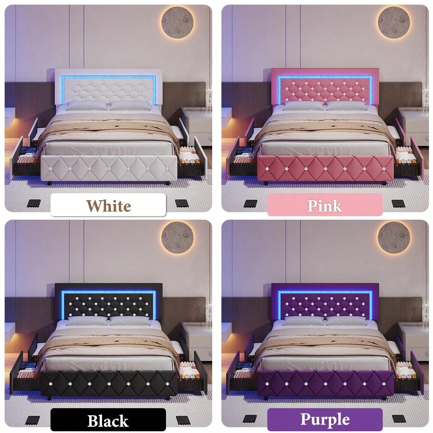 Twin/ Full/ Queen/ King Size Bed Frame With Storage Drawers, Upholstered LED Bed Frame With Headboard, Modern Platform Bed Frame With Headboard And Footboard, Diamond Tufted Design, No Box Spring Needed (Twin Size 2 Drawers/ Other Size 4 Drawers)