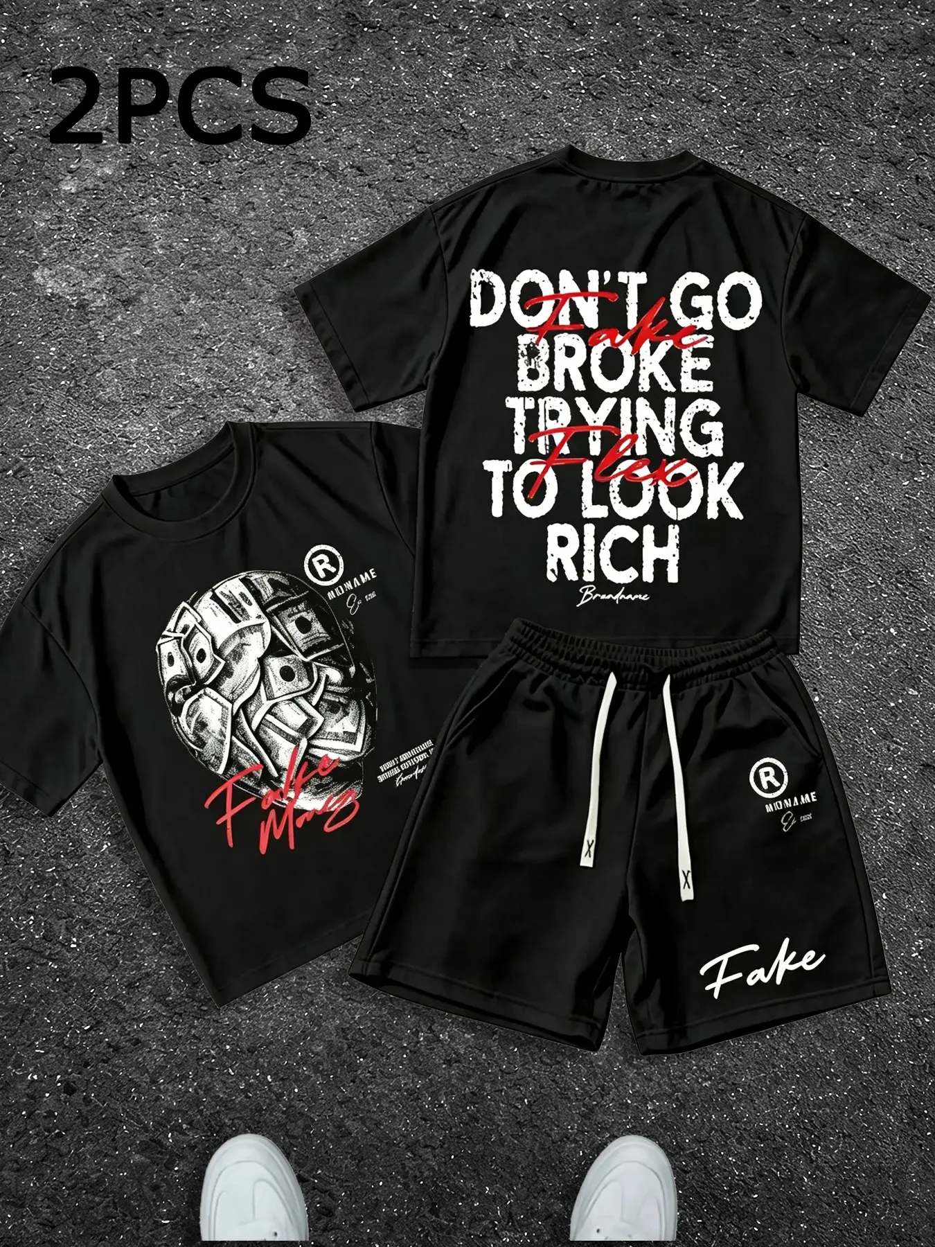 2 Pcs Men Outfit Set, Crew Neck Short Sleeve Tee & Drawstring Shorts, Skull Cash Stack Letter Slogan Graphic Print Loose Hip Hop Casual Streetwear Tracksuit #2PcsTracksuit #HipHopOutfit #GraphicTeeShortsSet #StreetwearMatchingSet #TikTokMadeMeBuyIt