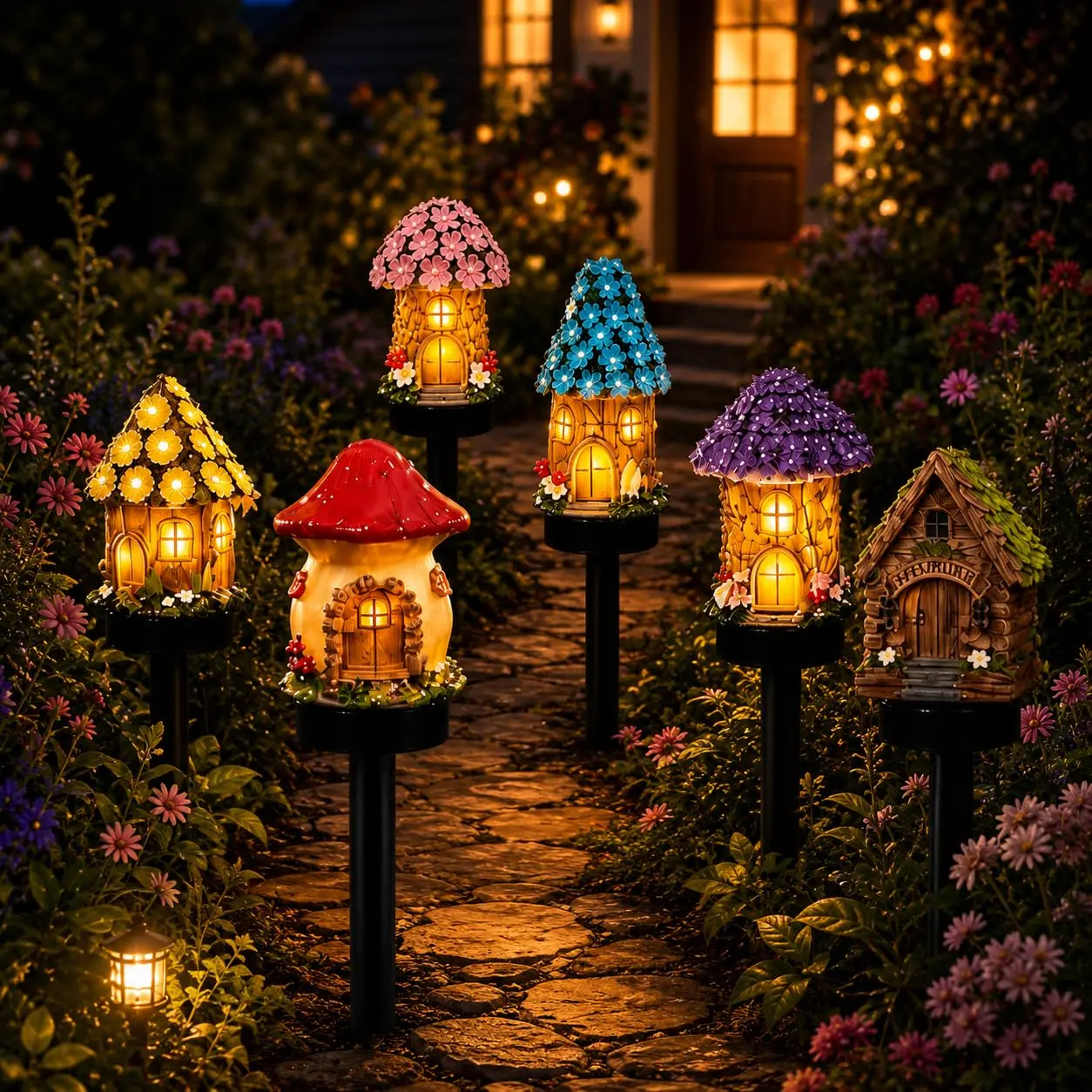 Waterproof Solar Garden Light - Sunlight Charging LED Fairy-Tale Resin Mushroom Cottage Figurine, Auto On/Off Outdoor Decor Lamp for Yd Patio Lawn, Waterproof Led