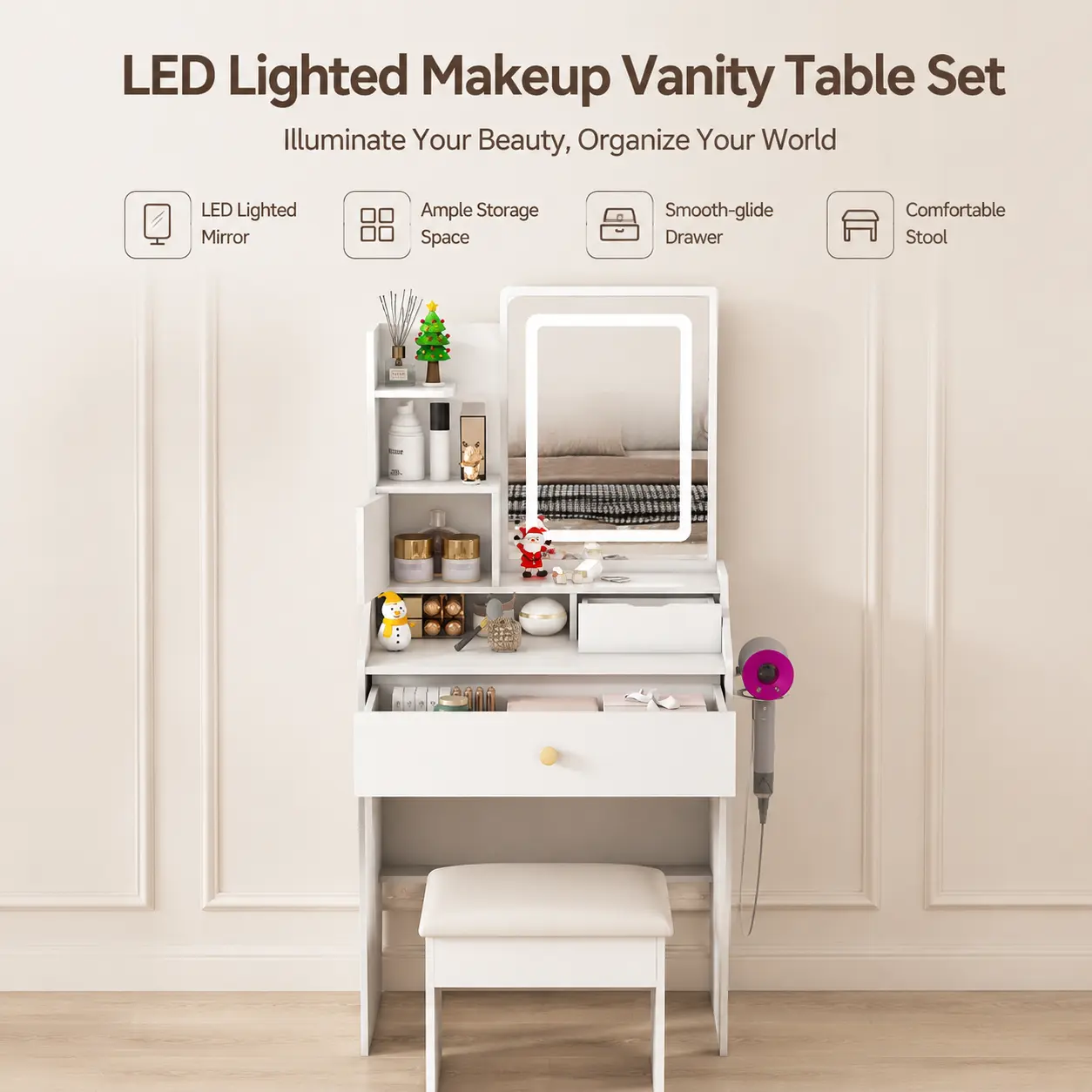 Littleox LED Vanity Makeup Dressing Table with Stool - 3-Color Adjustable Lighting, 2 Drawers, 5 Storage Cabinets, 4 Open & 1 Hidden Compartments, Built-in Charging Station, Hair Dryer Holder - Compact Bedroom Vanity for Special Night Out, Makeup Vanity