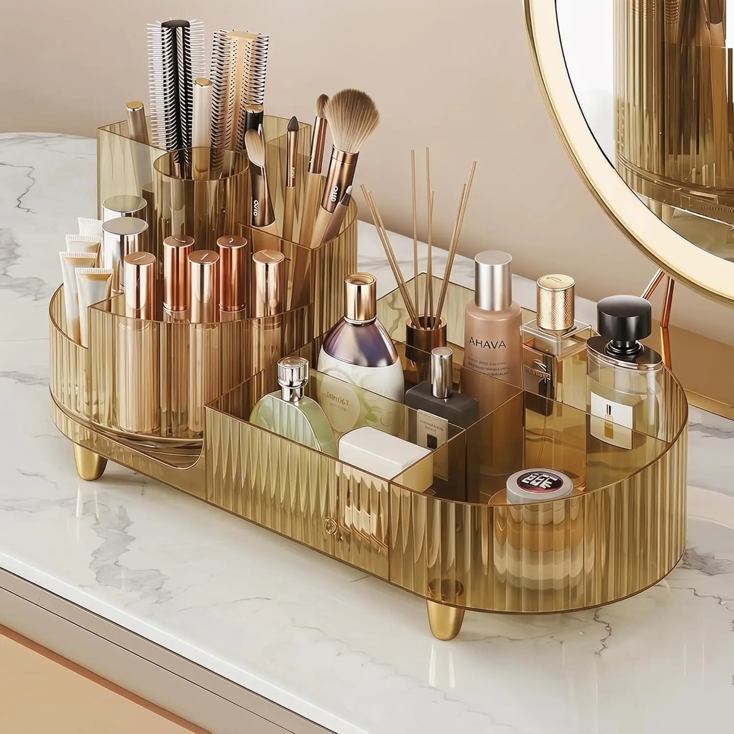 Rotating Makeup Organizer for Vanity, Large Capacity Cosmetic Display Case, Clear Acrylic Countertop Beauty Storage Holder for Skincare, Brush Eyeshadow Lipstick, Counter Desk, Crystal Amber