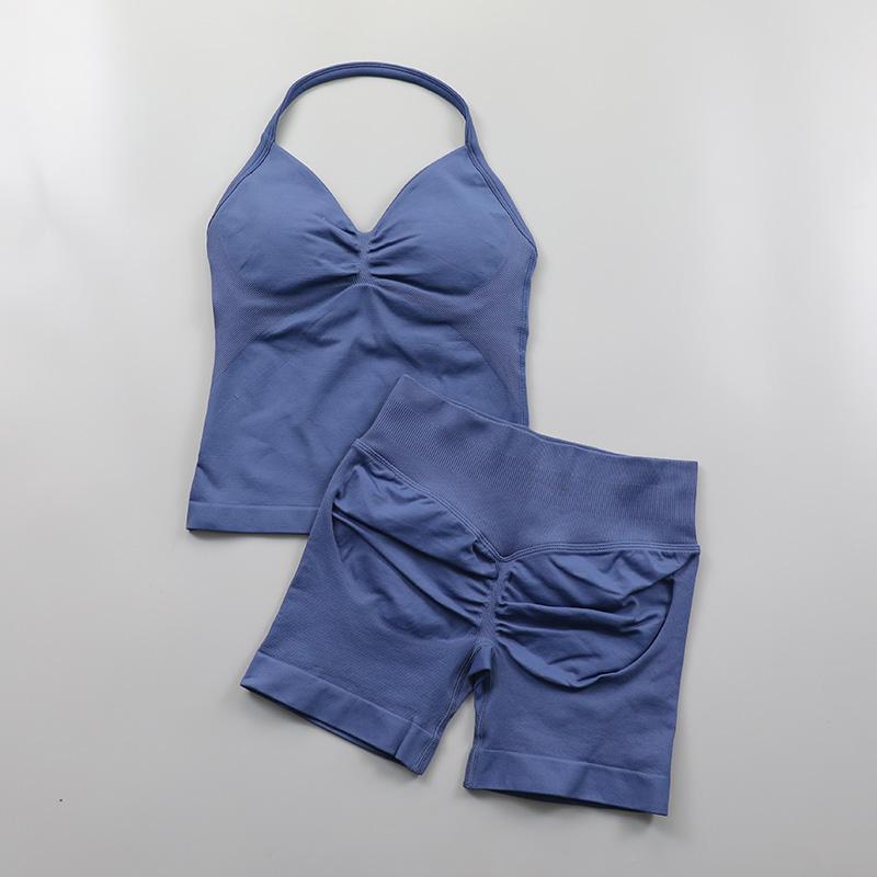 Dfyne  Seamless Yoga Set Women 2Pcs Padded Halter Tank Top Scrunch Butt Lifting Gym Shorts Set Summer Sportswear Workout Clothes Stretch Fabric Activewear Tight Fit Sporty Casual Athletic Jogging