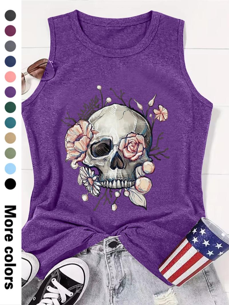 Women's Halloween Floral & Skull Print Round Neck Tank Top, Casual Sleeveless Crew Neck Top for Summer, Ladies Clothes for Daily Wear