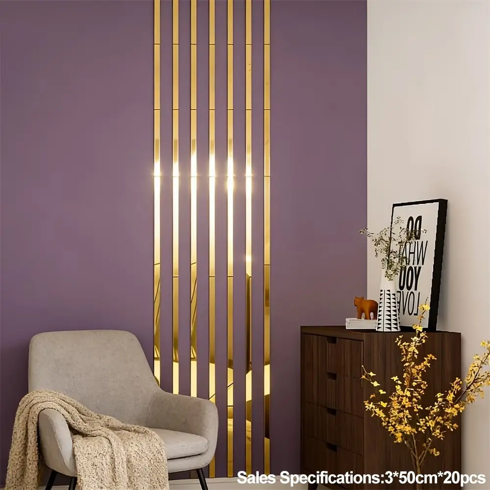 20/35pcs, Golden long acrylic mirror wall sticker, Wall art stickers, 3x50cm self-adhesive waistline decorative strip, DIY hole free and easy to install, used for decoration, living room, bedroom, TV background wall