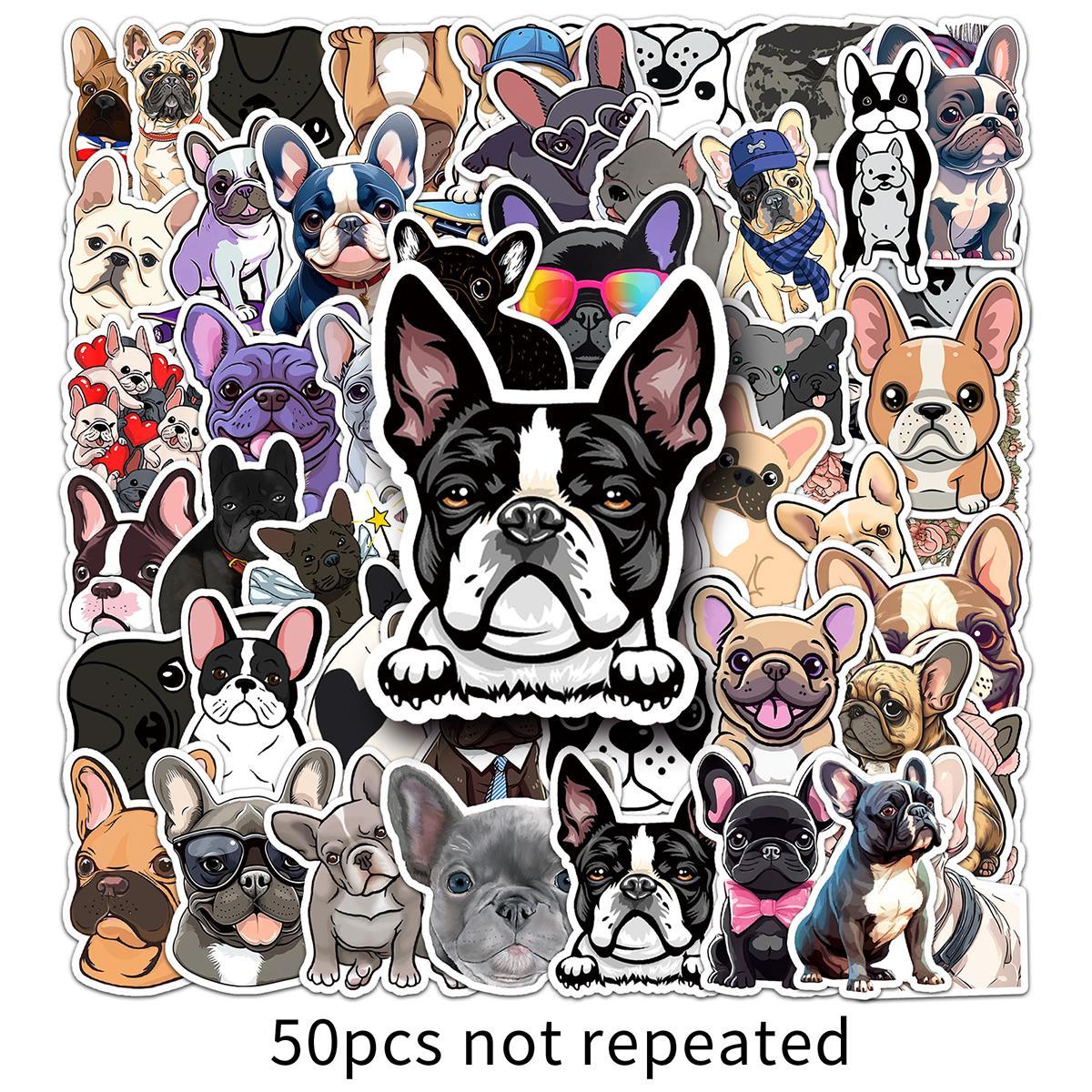Cartoon French Dog Pattern Sticker, 50pcs Waterproof Self Adhesive Decor Paper, Decor Sticker for Gift Greeting Card Water Bottle Laptop Phone, Funny Stickers