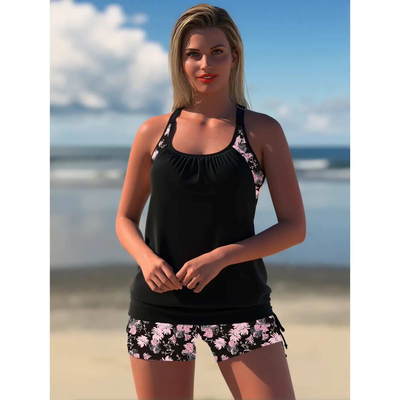 Plus Size Floral Print Tankini 2 Piece Swimsuit Tummy Control Bathing Suit fashion two-piece tankini swimsuit tropical fashionable swimwear beach vacation set high waist short bikini beachwear