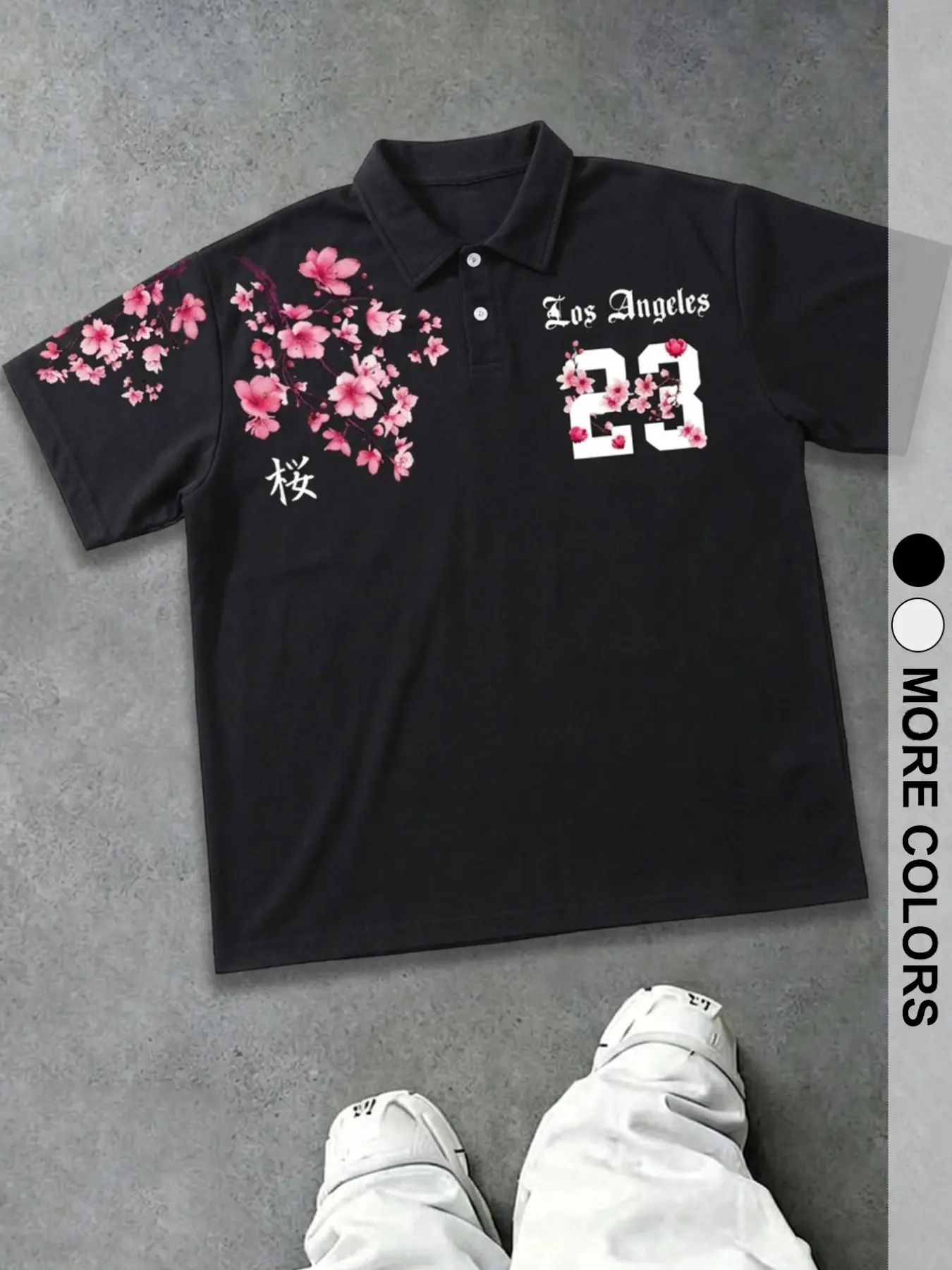 American Men's Polo Shirt, Cherry Blossom Letter Pattern, Street Style, Daily Wear, All Seasons, Breathable Cotton, Loose Fit