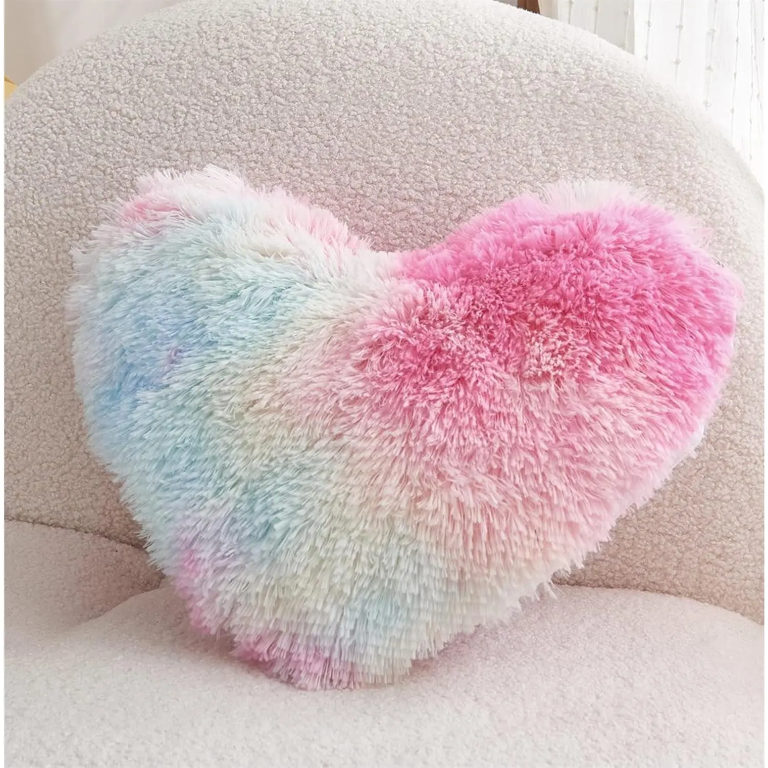 Rainbow Fluffy Heart Pillow,Valentines Day Decor Faux Fur Throw Pillow,Sherpa Plush Shaggy, Girl Room Decor,Heart Shape for Mothers Day,Christmas Decorations(Colorful)
