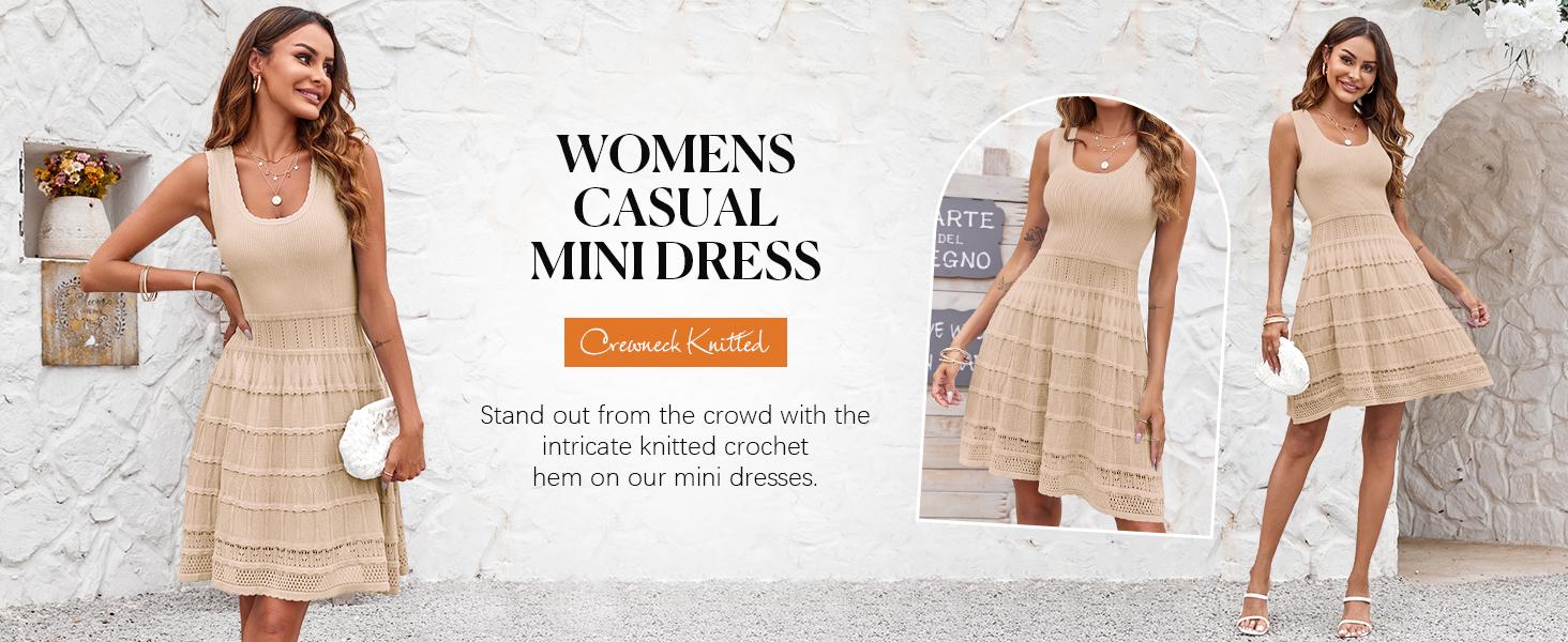 Fashare Womens Summer Mini Dresses Casual Crewneck Knitted Crochet Hem Flowy Tank Sundress  Sleeveless sundress prom dress