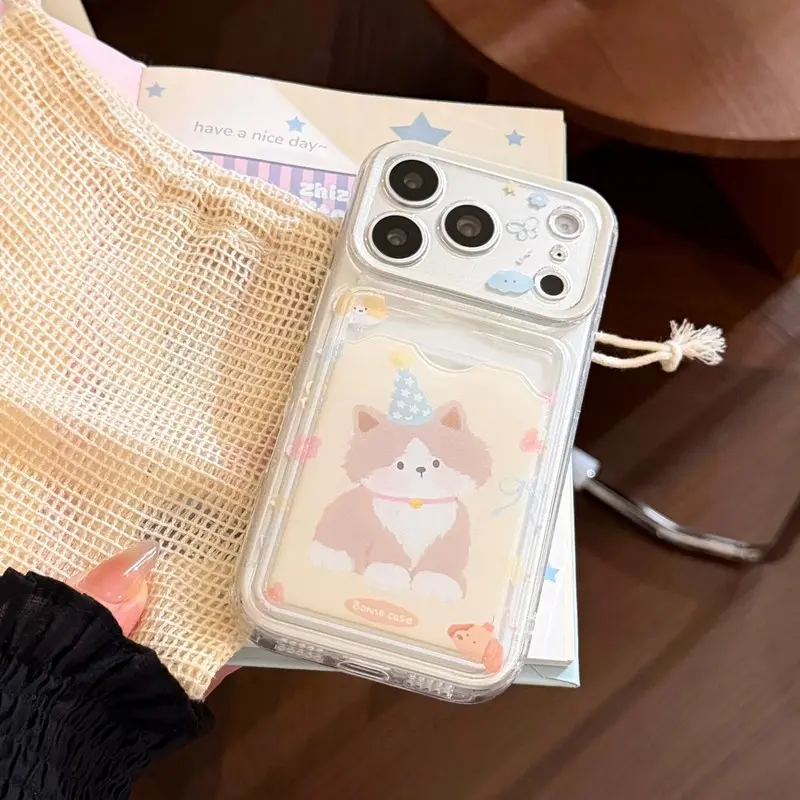 Cute kitty cat card holder case suitable for iPhone 17pm, transparent case for 1516, full-coverage soft case for 13