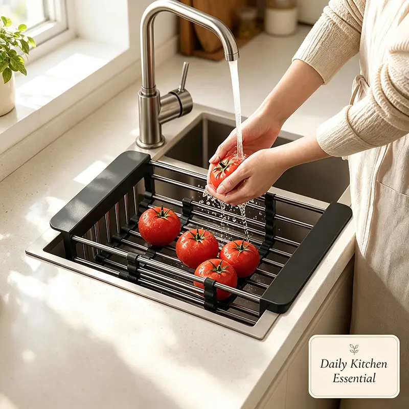 Portable Retractable Drain Basket with Adjustable Armrest,Easy Clean Stainless Steel Kitchen Drying Rack,Over The Sink Dish Drying Rack,Adjustable Multi-function Water Filter Basket for Fruits,Dish Drying Rack