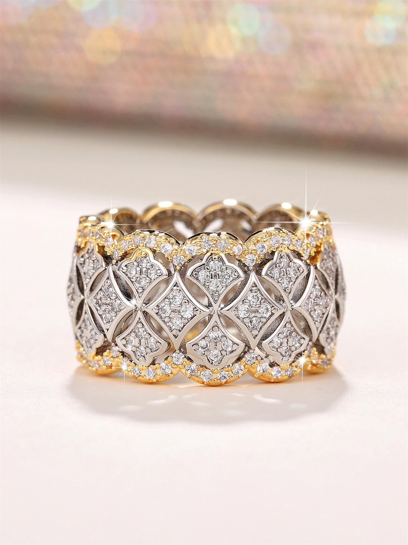 Women's Elegant Rhinestone Decor Hollow Out Design Engagement Ring, Fashion Engagement Rings, Trendy Luxury Promise Ring for Women & Girls, Fashion Vintage Jewelry As Gift for Daily & Party Decor