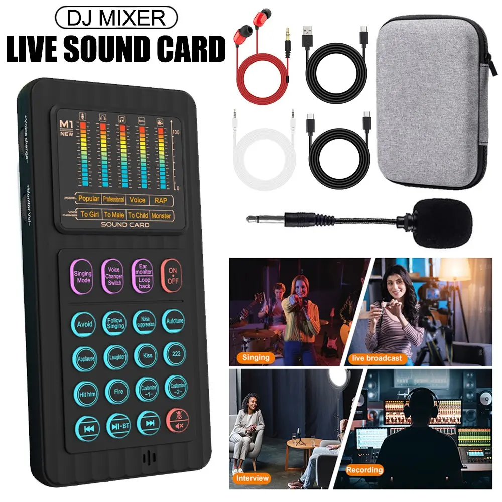 Handheld Sound Card Device, Portable Voice Changer/audio Mixer, Noise Reduction, Mic Headphone Cable, Podcast/broadcast/singing/recording