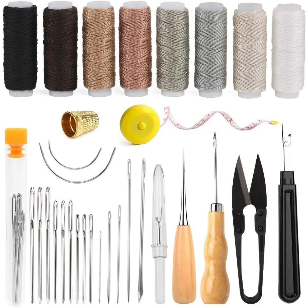 Heavy Duty Upholstery Repair Sewing Kit with Awl Tools, Seam Ripper, Hand Stitching Needles, Upholstery Thread, Leather Craft Tool for Shoes, Sofa, Tent, Carpet DIY