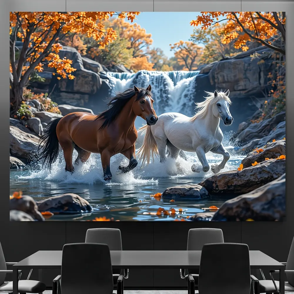 Vibrant Horse Waterfall Realistic Art Polyester Tapestry - Light, Multi-Size Wall Hanging with Galloping Horses, Autumn Foliage, Ideal for Home Decor, Indoor Walls Accent, Gift Option