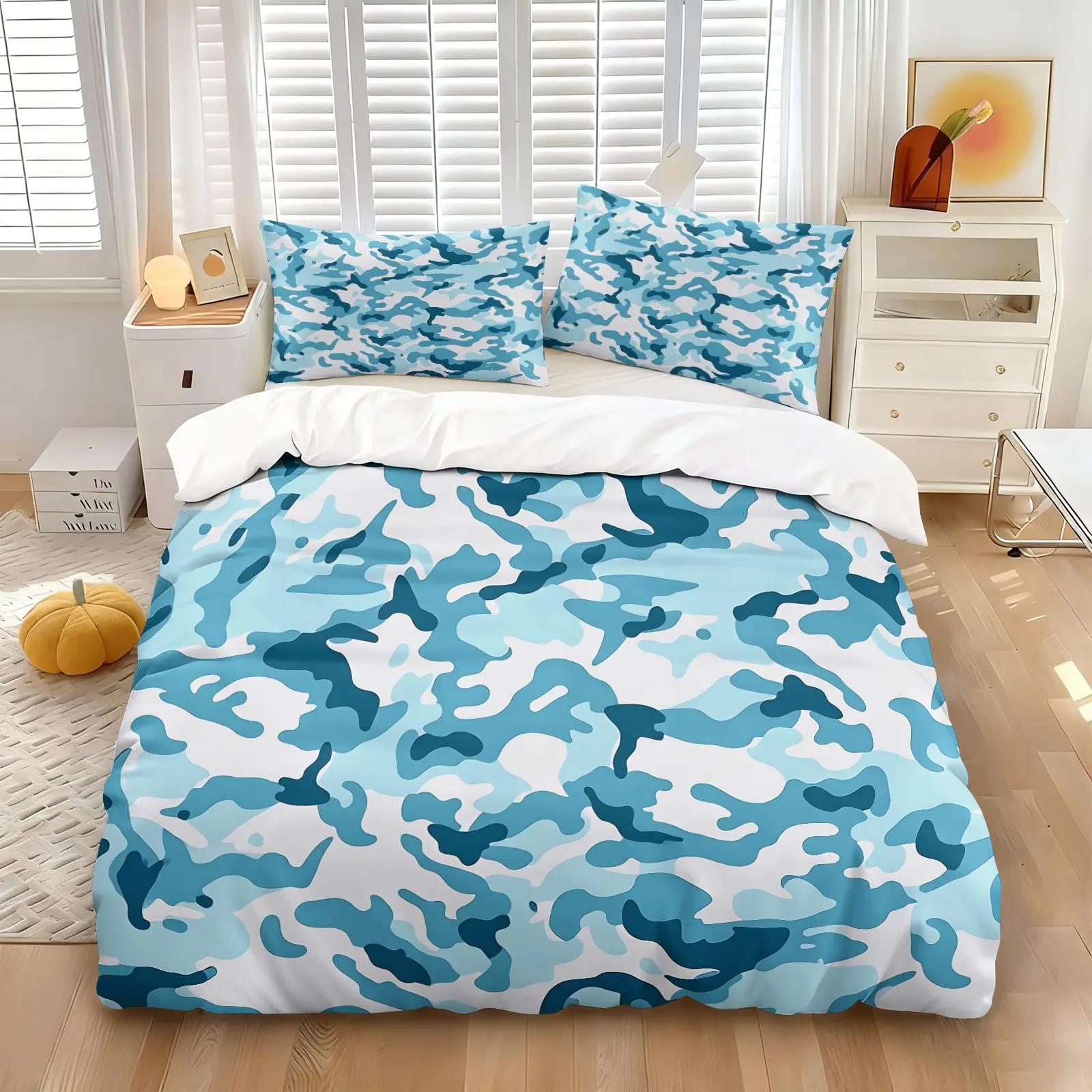 Ocean Blue Camouflage Duvet Cover Set, Print Bedding Set, 1 Duvet Cover + 1/2 Pillowcases, Soft Skin-Friendly Microfiber Fabric, Modern Streetwear Camo Print, Decor For Teens, Boys, Dorms, Apartments & Guest Rooms