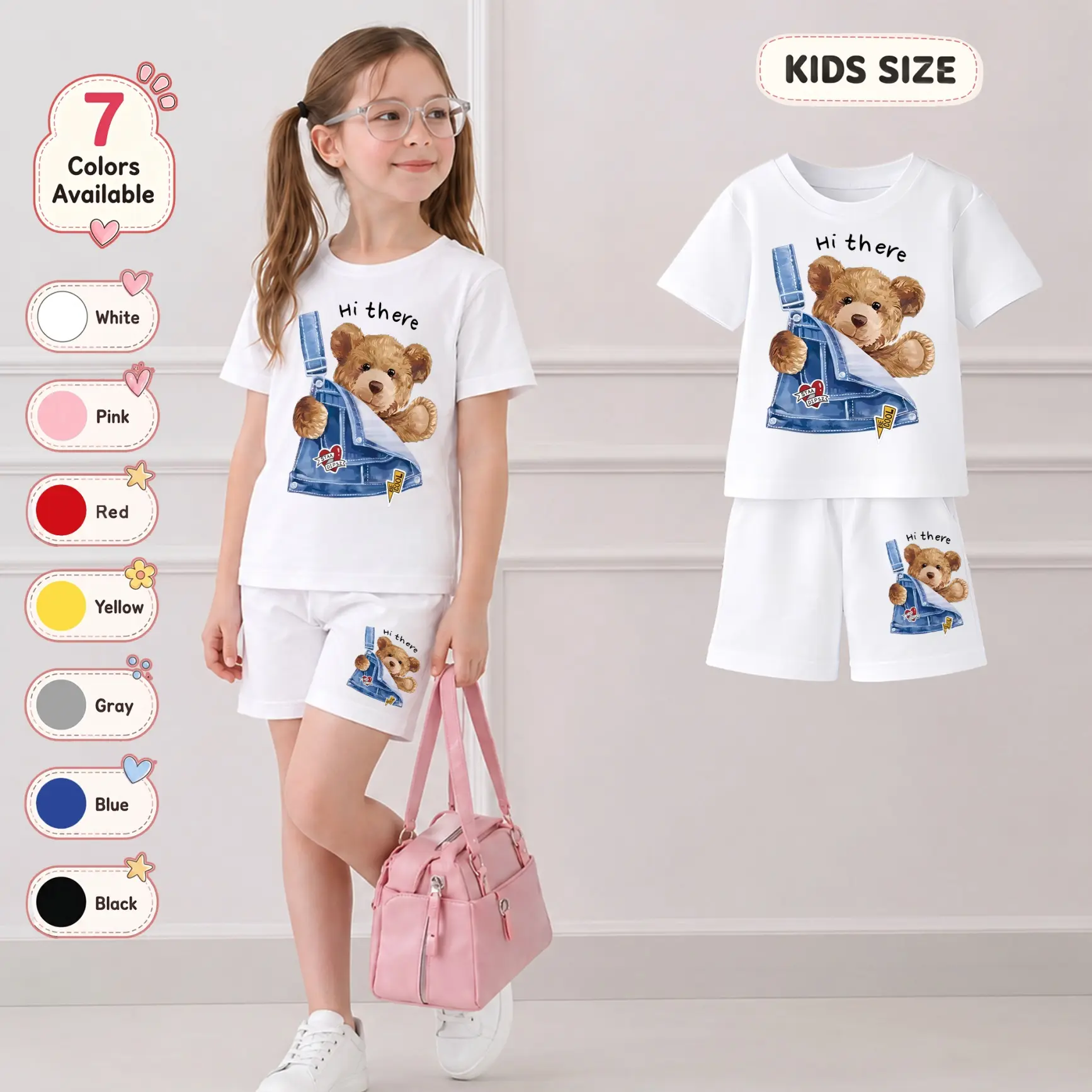 Kids’ Cute Teddy Bear Graphic Tee and Shorts Set, Fun Hi There Cartoon Character Print Summer Outfit, Comfortable Two-Piece Casual Wear for School, Family Trips, Holidays and Playtime