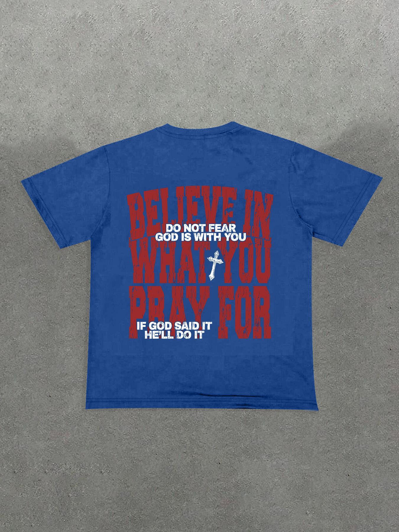 Men's Slogan & Cross Print Casual Graphic Design Round Neck Tee, Regular Fit Short Sleeve Crew Neck T-shirt for Summer, Casual Men's Top for Daily Wear