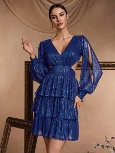 Elegant Blue Sequined V-Neck Bubble Long Sleeve Waist-Exposed Short Dress, High-Waisted Layered Evening Gown for Daily Commute, Nightclub, Graduation Party