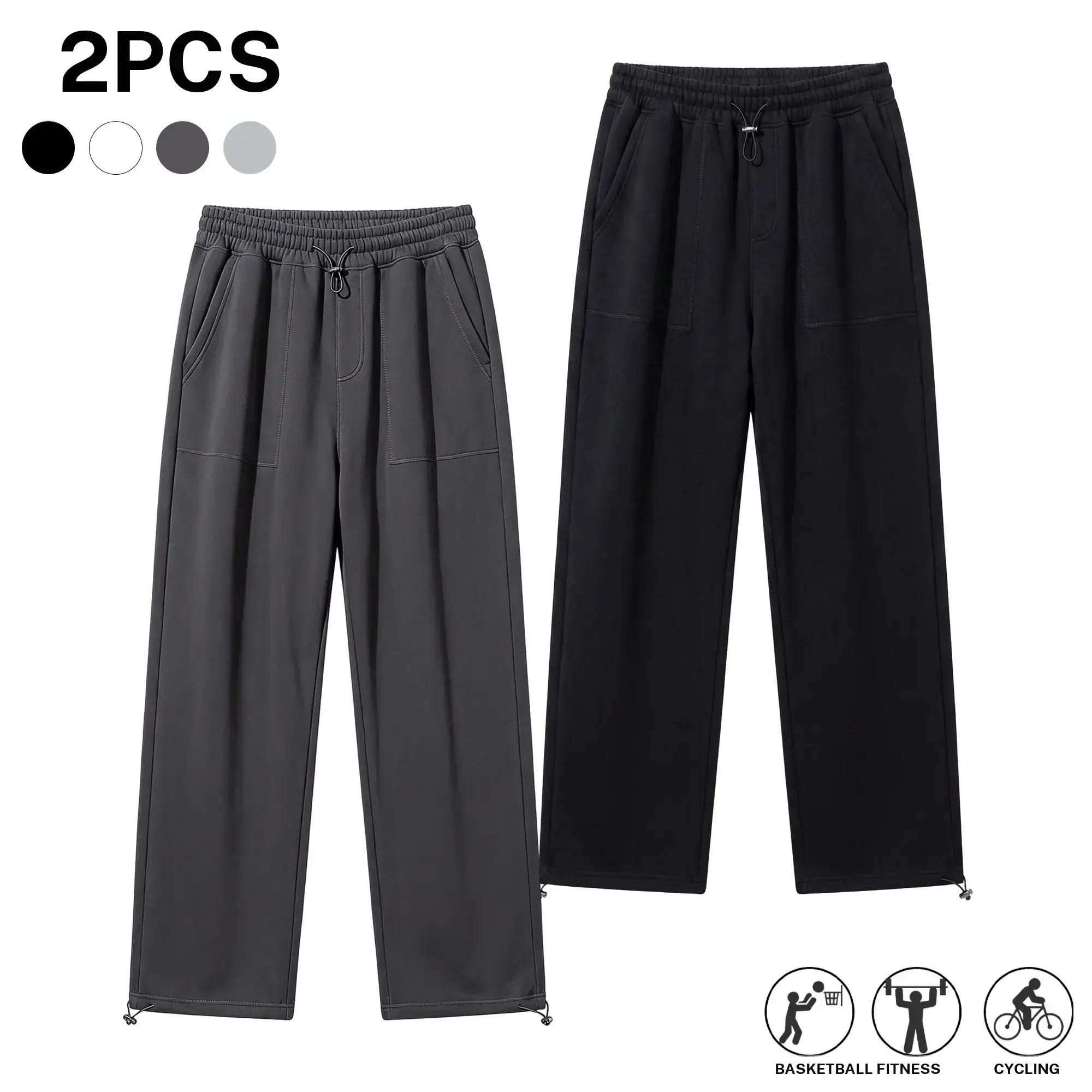 Men's 2-Pack Oversized Plain Loose Cotton Sweatpants, Adjustable Drawstring Elastic Waistband, Baggy Wide Legs with Adjustable Cuffs, Multi-Pocket Jogger Pants for Casual Commuting, Streetwear