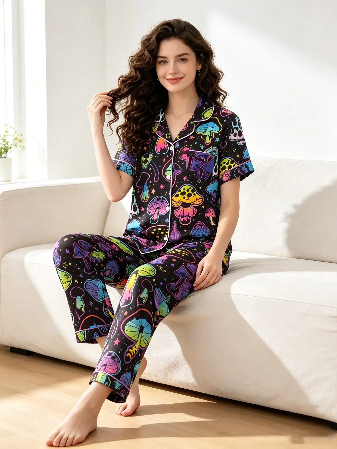Women's Pajamas & Loungewear Set 2026 New Summer Black Neon Rainbow Psychedelic Mushroom Star Print Black Contrast Piping Short Sleeve Lapel Button Front Long Pants Lightweight Soft Breathable Skin-Friendly Trippy Retro Casual Home Daily Sleepwear for Wom