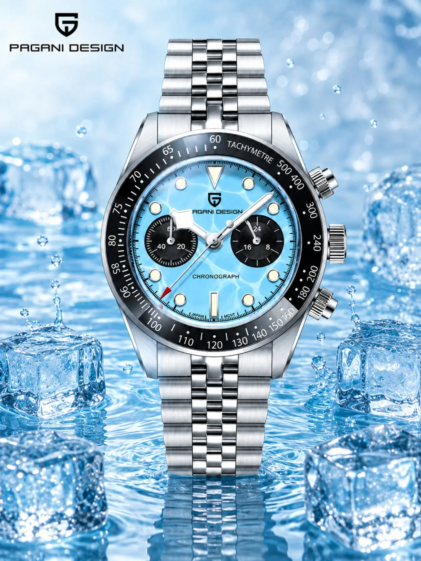 PAGANI DESIGN 2026 New Men's Quartz Wrist Watch, Panda Tiffany‑Blue Dial, Synthetic Sapphire Glass, 500‑Scale Tachymeter Bezel, 316L All‑Steel Case, Japan TMI VK34 Movement, Luminous Chronograph Luxury Sports Men’s Watch PD‑1813