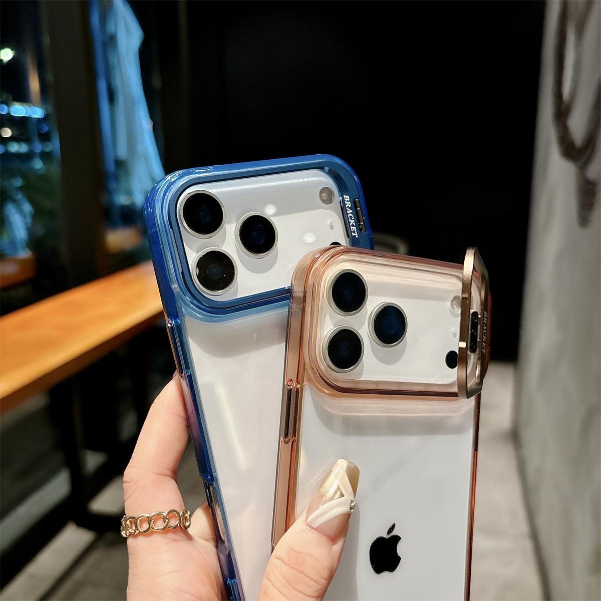 Transparent Hard Shell Phone Case for IPhone 17 Air 16 15 Plus 14 13 12 Pro Max Metal Holder Shockproof Protective Cover