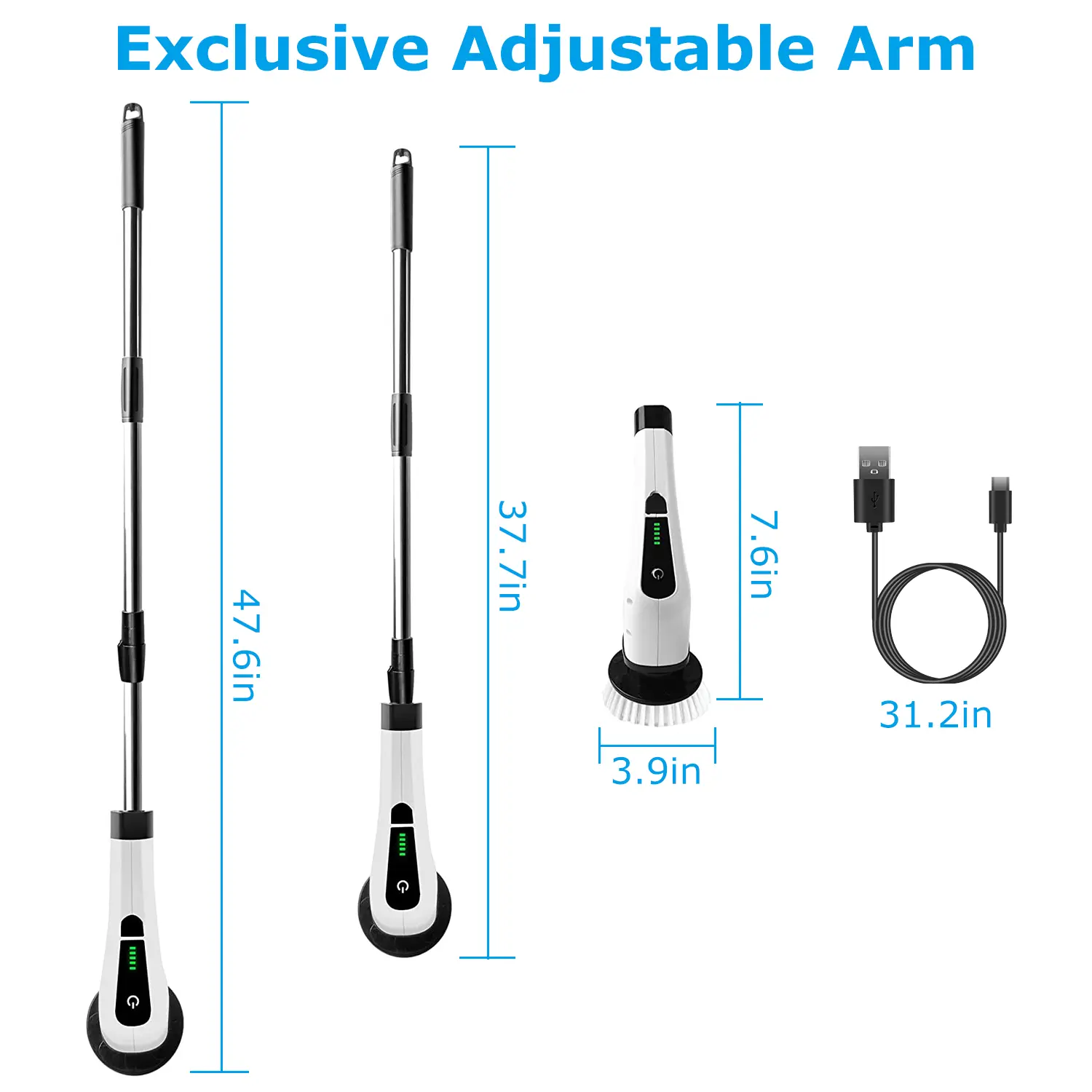 1Pc Cordless Electric Spin Scrubber Rechargeable Telescopic Cleaning Brush 2 Speed Adjustable 8 Replaceable Brush Heads Extension Arm Waterproof Cleaner for Bathroom Tub Tile Floor