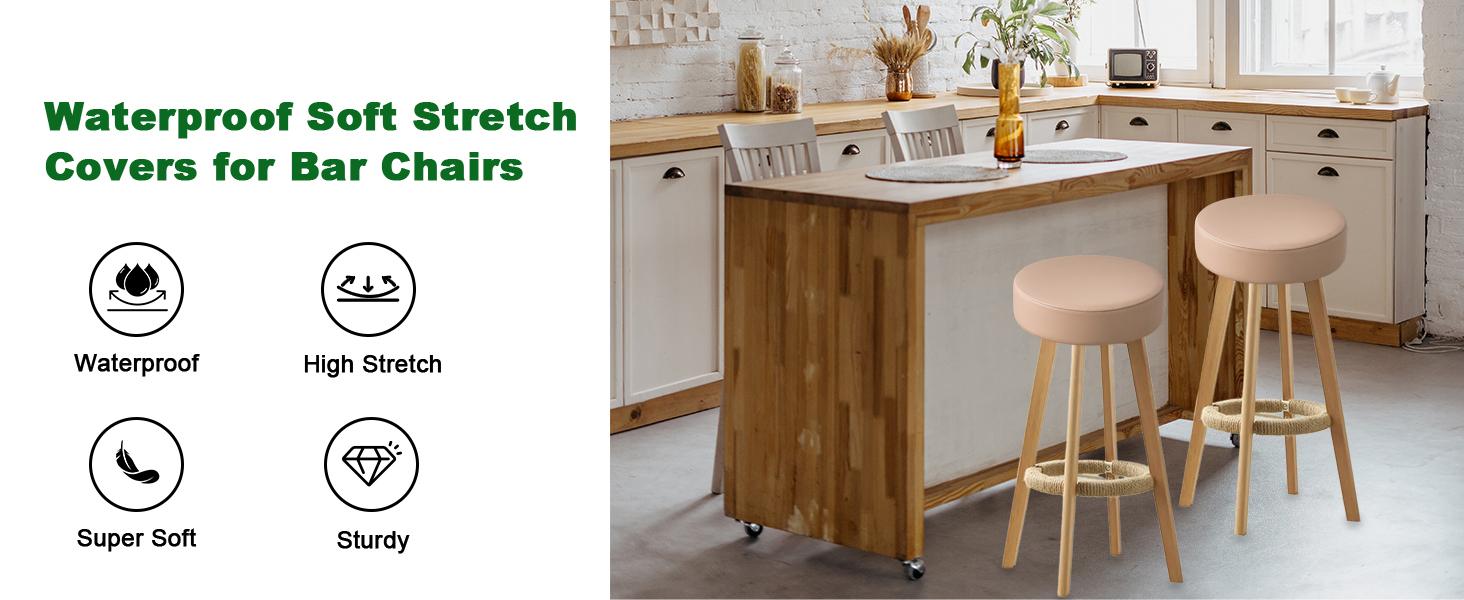 GOSTADY   Bar Stool Covers Round Set of 4, Waterproof PU Seat Covers With Elastic Bands, Chair Covers Washable Cushion Slipcover for 12-15 Inch - Khaki-Nude