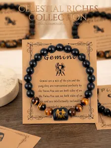 Genuine Gemstone Round Bead Zodiac Bracelet: Natural Gold Tiger's Eye Constellation Stretch Strand, Everyday Personalized Jewelry