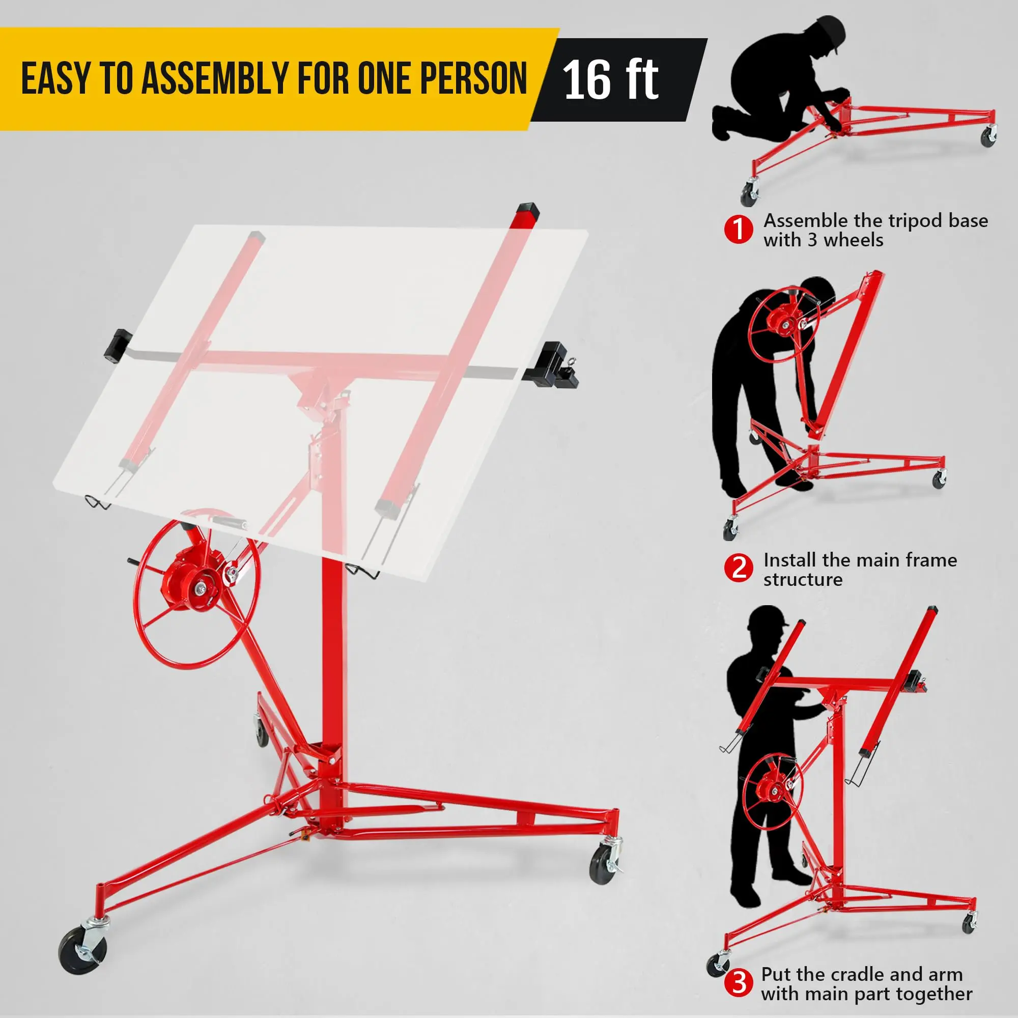16FT Heavy Duty Sheetrock Lift - 1-Person Drywall Panel Hoist with Adjustable Arm, Telescopic Design & Locking Wheels (150LBS Capacity), Hoisting Panel, One Person