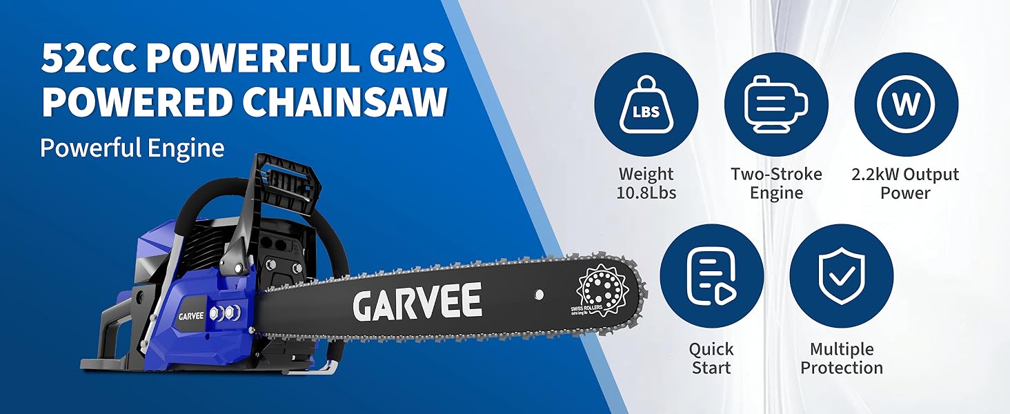 Gas Chainsaw, 20 Inch Gas Powered Chain saw, 52CC 2-Stroke Top Handle Chainsaw, Ergonomic Non-Slip Handle and Dual Fuel Tanks, Quick Start, For Wood Cutting, Tree Trimming, and Land Clearing