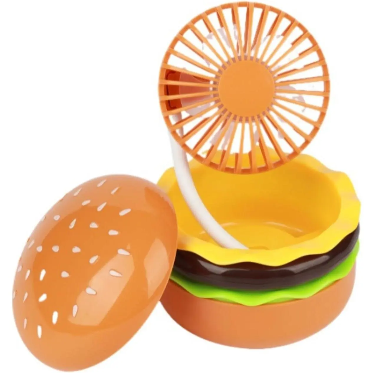 Miniature Portable Fan, Unisex Foldable Hamburger Design with Hidden Mirror - 3-Speed USB Rechargeable for Office Desktop & Handheld Use, Usb Port, Cordless, Foldable Neck, 3-Speed Fan, Playful Look, Outdoor, Students
