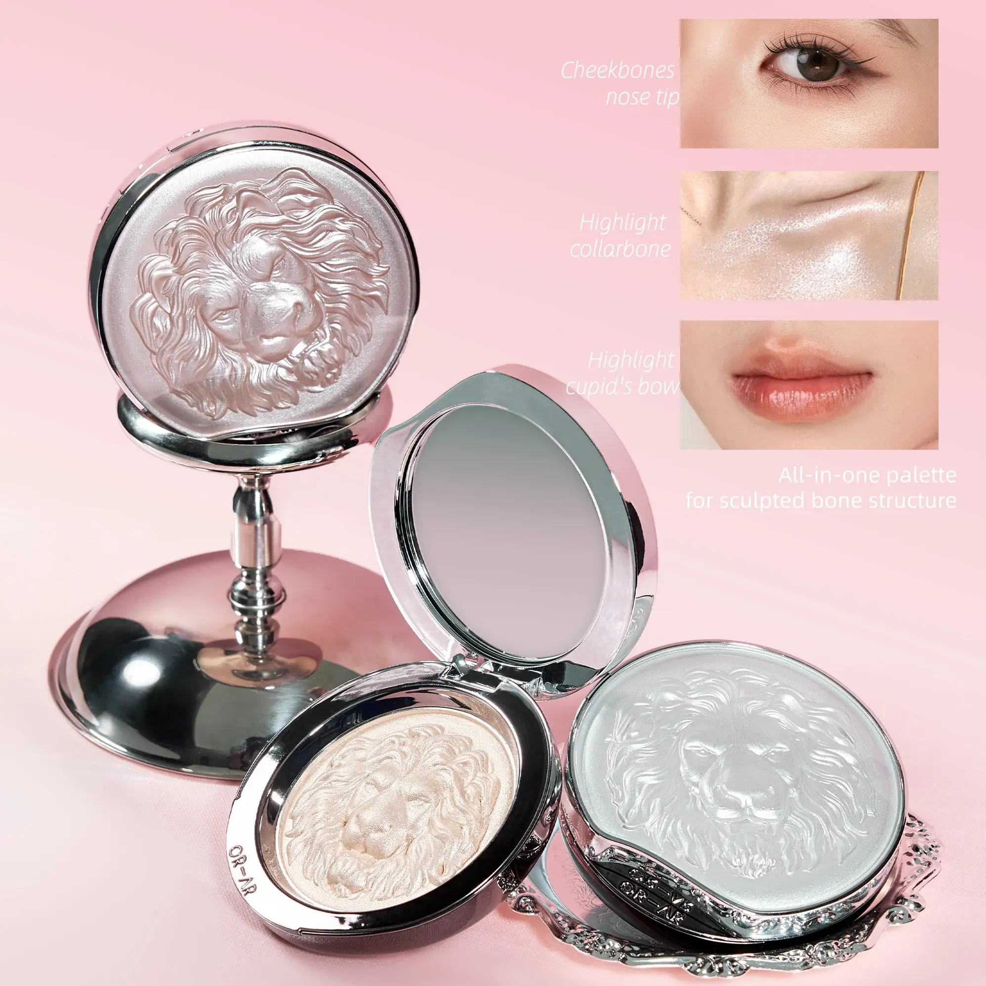 OR-AR Original Artist Lion Embossed Shimmer Highlighter Palette Shimmery Glow Face Highlight Powder Portable Facial Makeup For Beginners Daily Travel Brightening Glass Skin Highlight for Face Cheek Collarbone & Body Glowy Highlighter