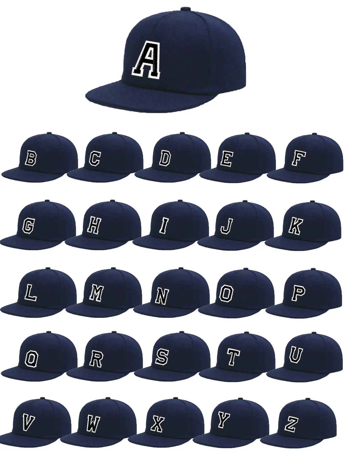 A-Z Letter Embroidered Flat Bill Baseball Cap for Men Women, Adjustable Snapback Hat, Custom Initial Hip Hop Streetwear Headwear, Flatbill Snapback