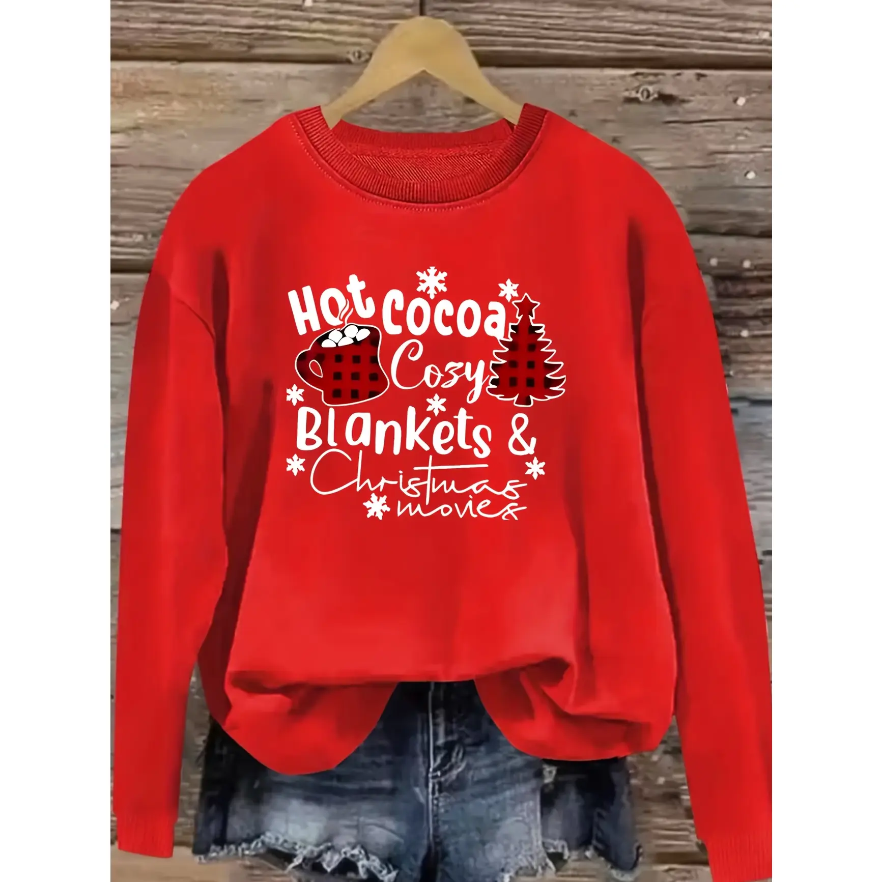 Hot Cocoa Cozy Blankets Christmas Movies Graphic Cotton Crewneck Sweatshirt, Oversized Comfort Fashion Outfit, Cute Winter Xmas Gift For Her, Best Christmas Valentine’s Day Present For Family Friend