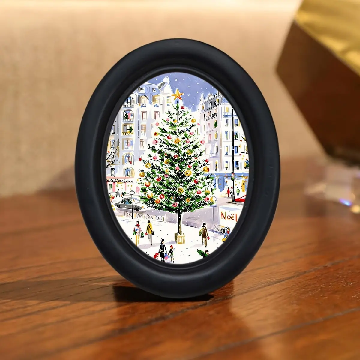 1 Bohemian style circular vertical photo frame - handmade black frame, suitable for home and office, Paris winter Christmas street view printed wall decoration, vertical photo display stand, can be used for photos and artworks