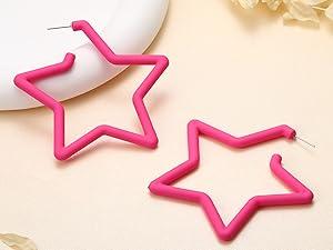 FUNRUN 4Pairs Hot Pink Earrings for Women Statement Earrings Geometric Heart Drop Hoop Earrings Boho Long Tassel Dangle Earrings