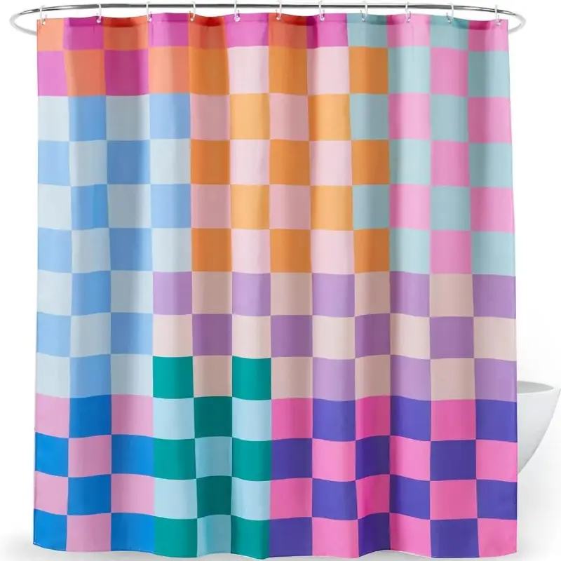 Pastel Baroque Bathroom Shower Curtain, Decorative Geometric Checkerboard Design, Waterproof Polyester Fabric with 12 Hooks, Bathroom Shower Curtains, Decorative Shower Curtain