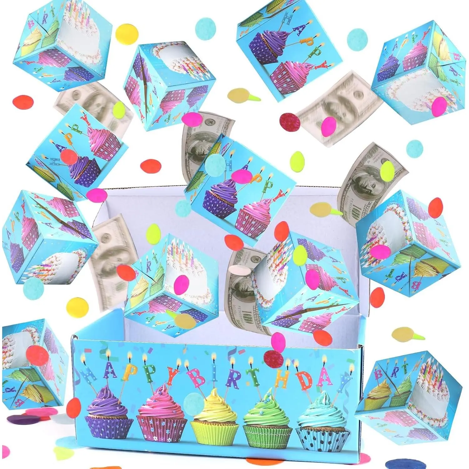 Birthday Surprise Box Gift Box for Money, Happy Birthday Surprise Gift Box Explosion with Confetti, Exploding Gift Box for Men Women Kids(Blue)