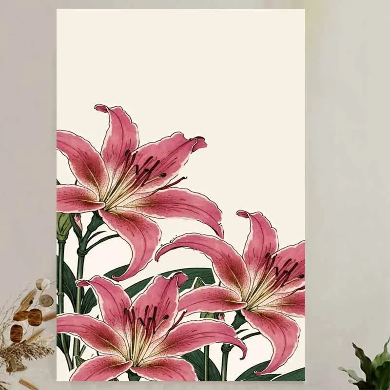 Vintage Asian Style Blush Pink Lily Artistic Hanging Canvas Print, Minimalist Clean-Simple Lily Illustration, Calming Soft-Tone Decor for Bathroom, Modern Farmhouse Wood-Framed Interior Accent