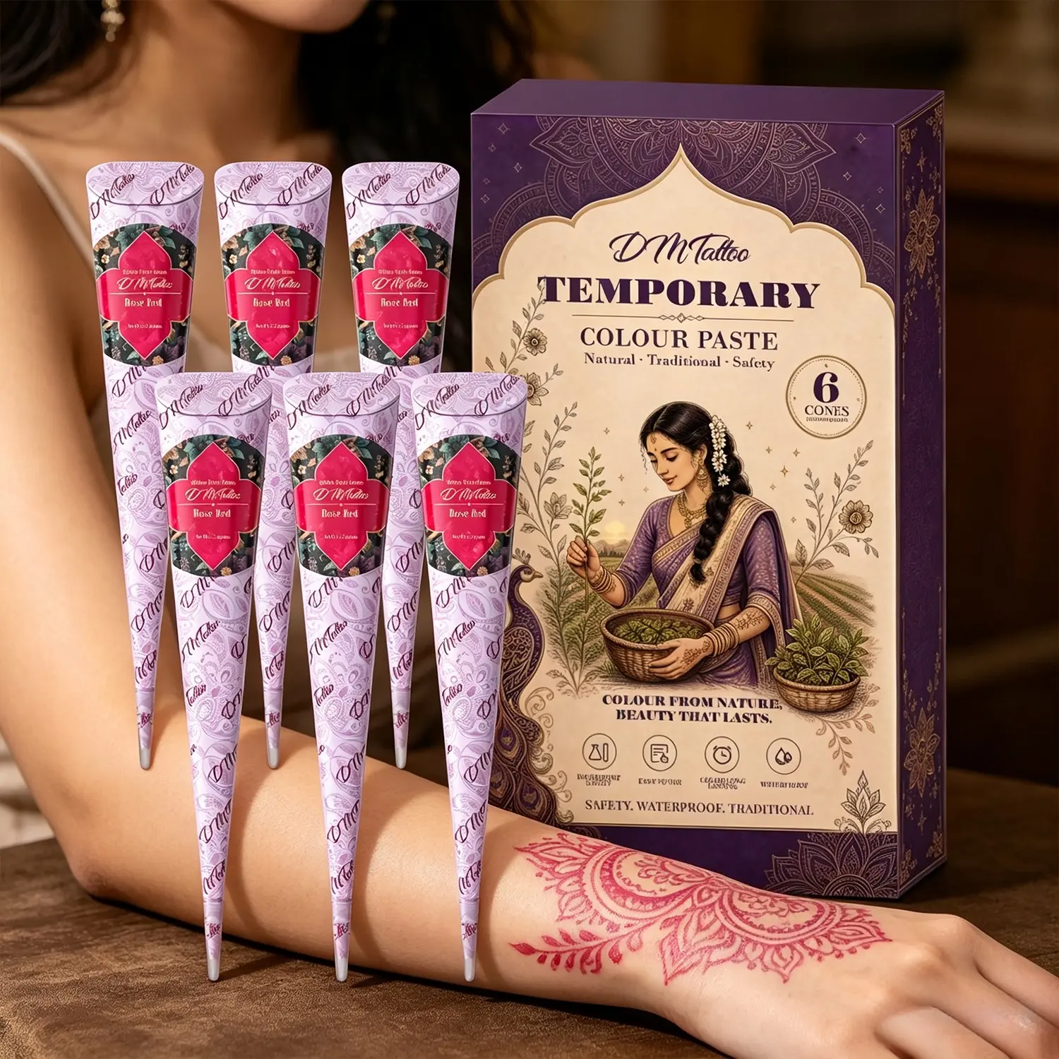 Beginner-friendly DM 6 herbal henna cone gift box with creamy even tint. Water-resistant temporary tattoos fade naturally without residue, simple vibe body art set Tattoo For Beginners for travel photos, stall painting and themed parties.