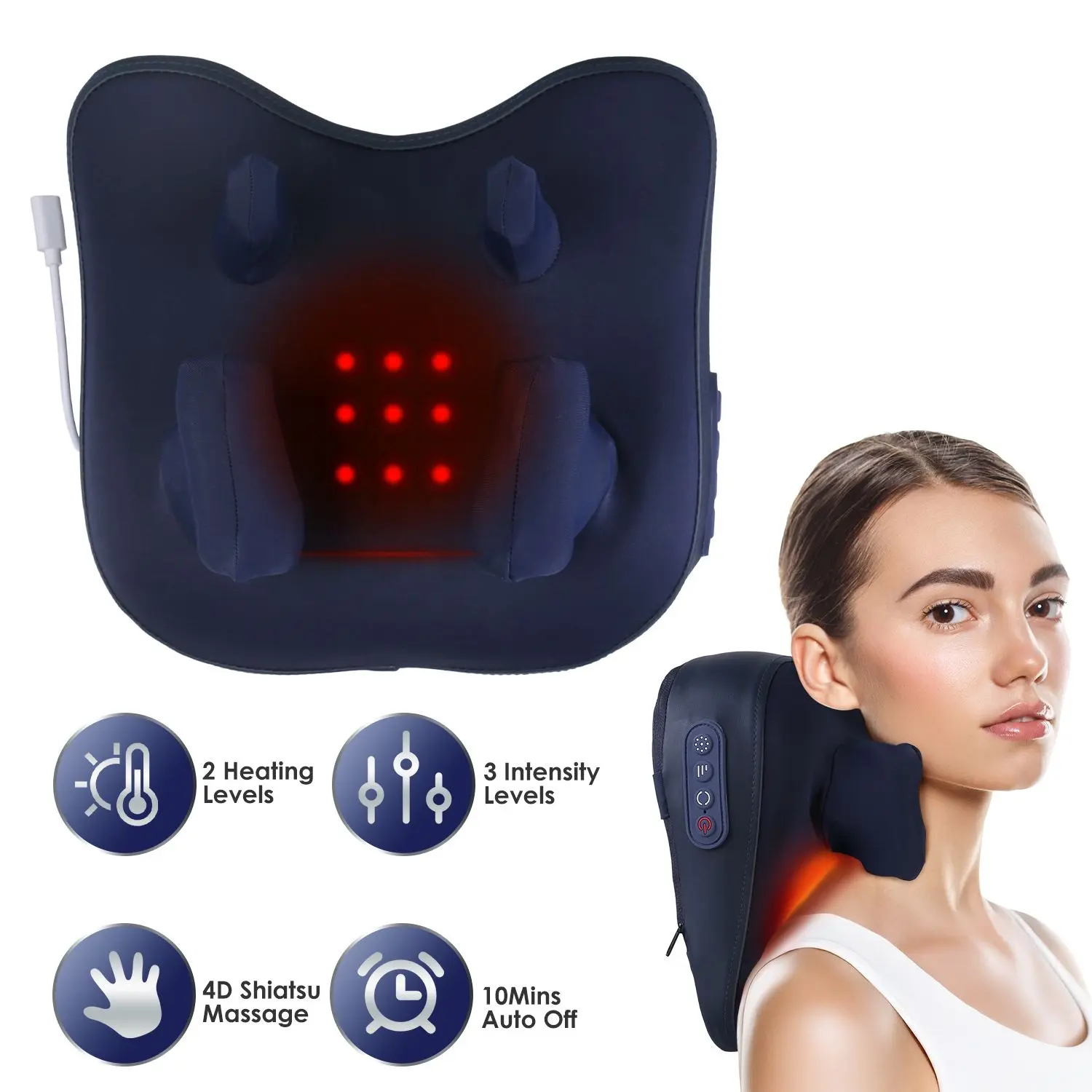 Cordless 4D Shiatsu Deep Kneading Neck Shoulder Massager, Electric Pillow with Soothing Heating, 3 Intensity Levels, 2 Heating Levels, Daily Use, Removable, for Back Traps, Home/Car, Gifts for Family Friends, GPCT5472